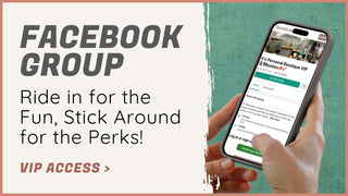 Hand holding a smartphone with a Facebook group page displayed, alongside promotional text for a Facebook group.