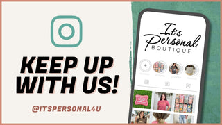 Promotional graphic for 'It's Personal Boutique' on Instagram with a phone screen and text overlay.