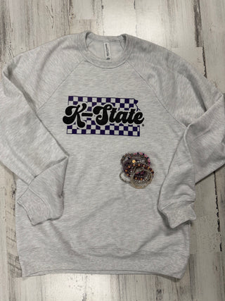K-State Checkered Crewneck-K-State-It&#x27;s Personal Boutique LLC