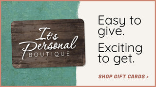 Gift card with 'It's Personal Boutique' branding on a green and white background
