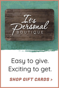 Gift card with 'It's Personal Boutique' branding on a teal and white background