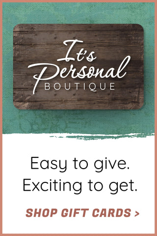 Gift card with 'It's Personal Boutique' branding on a teal and white background
