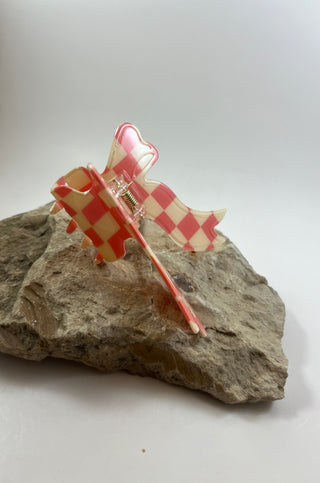 Ribbon Bow Claw Hair Clip-Hair Accessories-Pink checkered-It&#x27;s Personal Boutique LLC