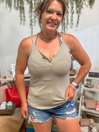 Lt. Mocha Ribbed Half Snap Cami-Tanks-It&#x27;s Personal Boutique LLC