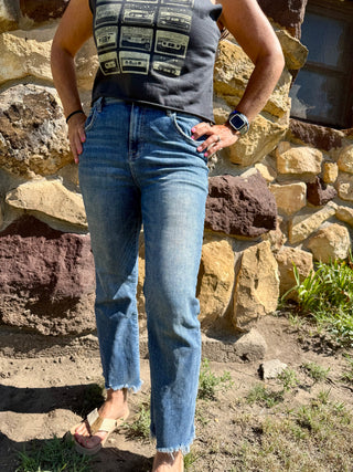 High rise frayed Risen jeans-Bottoms-It&#x27;s Personal Boutique LLC