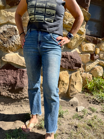 High rise frayed Risen jeans
