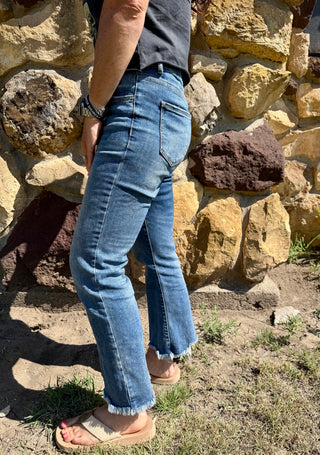 High rise frayed Risen jeans-Bottoms-It&#x27;s Personal Boutique LLC