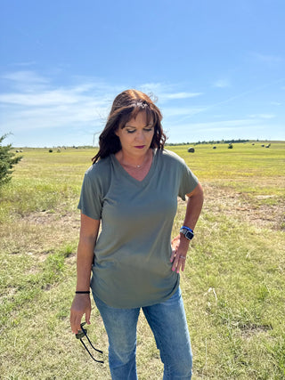 V-Neck soft touched tee-Short sleeve-Olive-Small-It&#x27;s Personal Boutique LLC