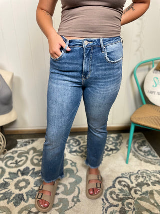 High rise frayed Risen jeans-Bottoms-It&#x27;s Personal Boutique LLC