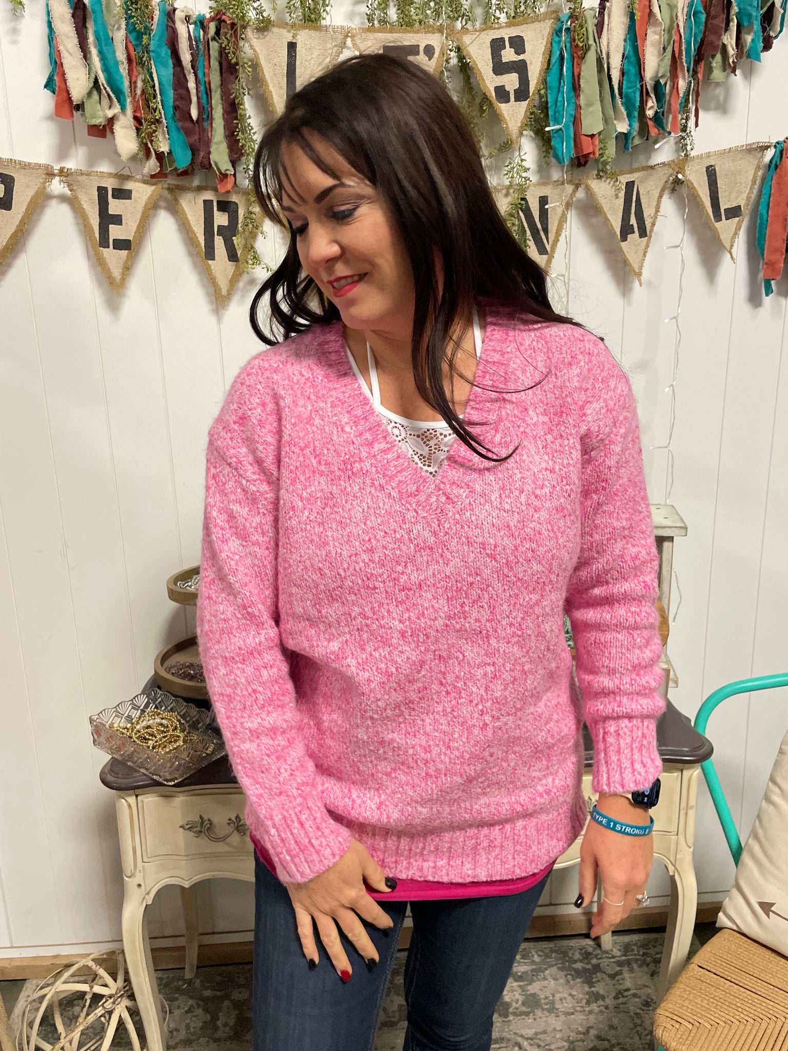 Pink Washed V-Neck Sweater