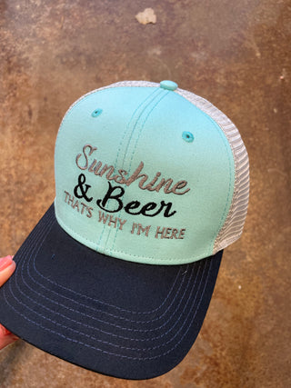 Sunshine & Beer that's why I'm here-Hats-Teal/Black-It&#x27;s Personal Boutique LLC