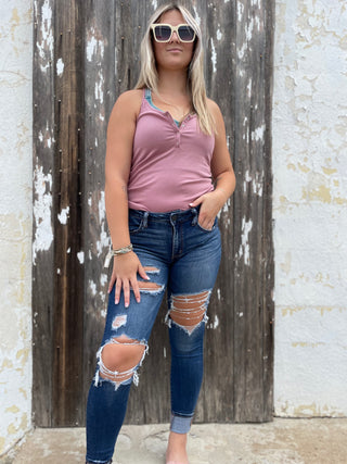 Lt Rose. Ribbed Half Snap Cami-Tanks-It&#x27;s Personal Boutique LLC