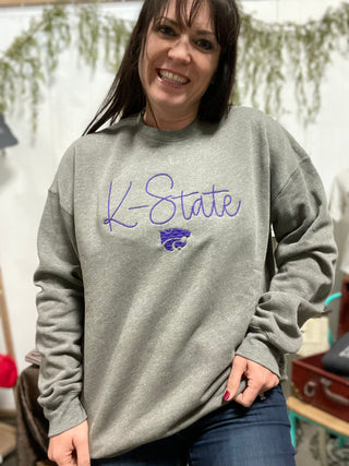 K-State Embroidered Crewneck-Sweatshirts-It&#x27;s Personal Boutique LLC
