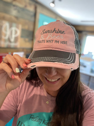 Sunshine & Beer that's why I'm here-Hats-Pink/Grey-It&#x27;s Personal Boutique LLC