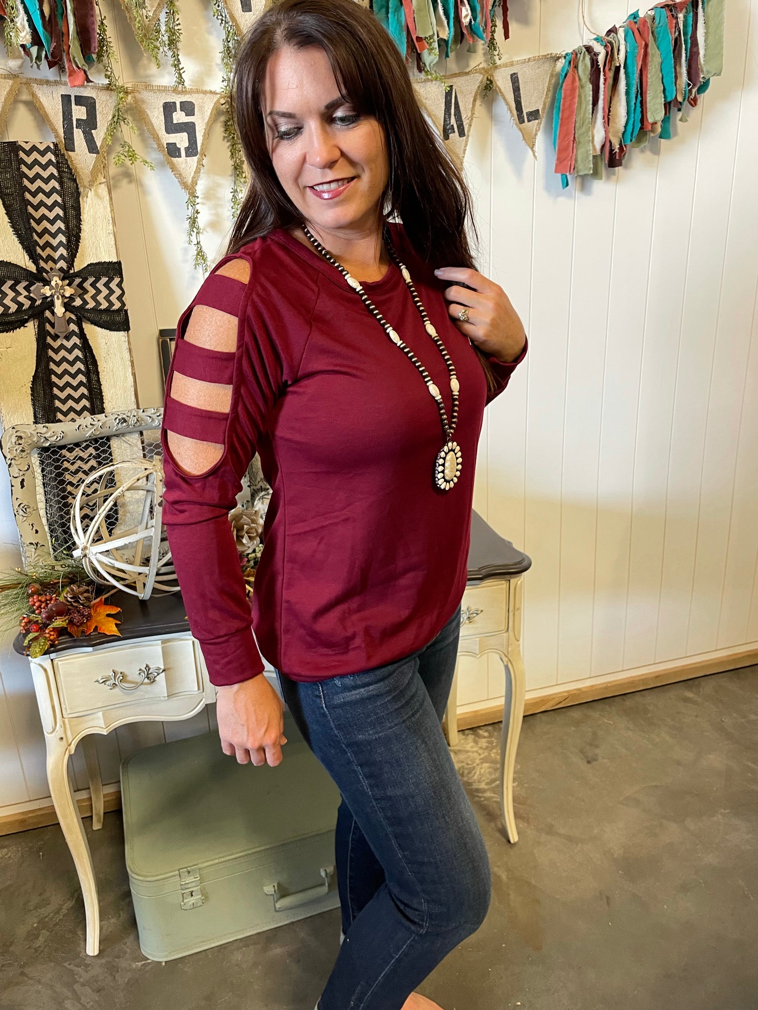 Burgundy Ladder Sleeve Long Sleeve