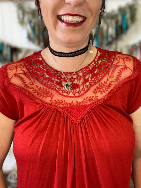 Red Lace Trim Accented Short Sleeve
