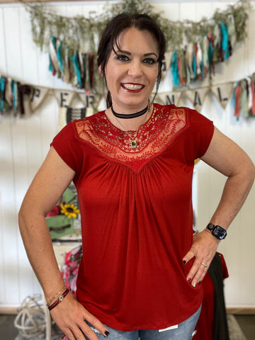 Red Lace Trim Accented Short Sleeve