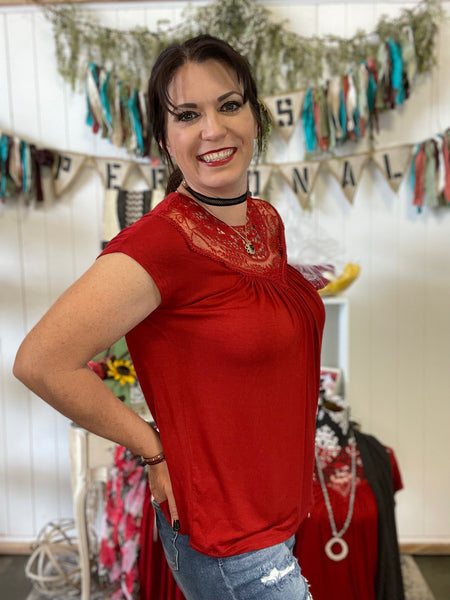 Red Lace Trim Accented Short Sleeve