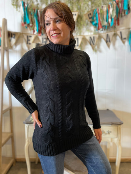Black Braided Front Turtleneck Sweater