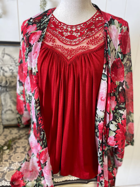 Red Lace Trim Accented Short Sleeve