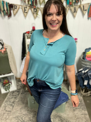 Dusty Teal Short Sleeve Button Down-Short sleeve-It&#x27;s Personal Boutique LLC