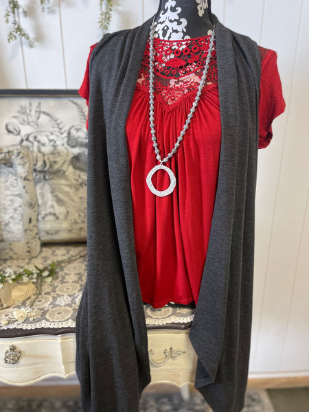 Red Lace Trim Accented Short Sleeve