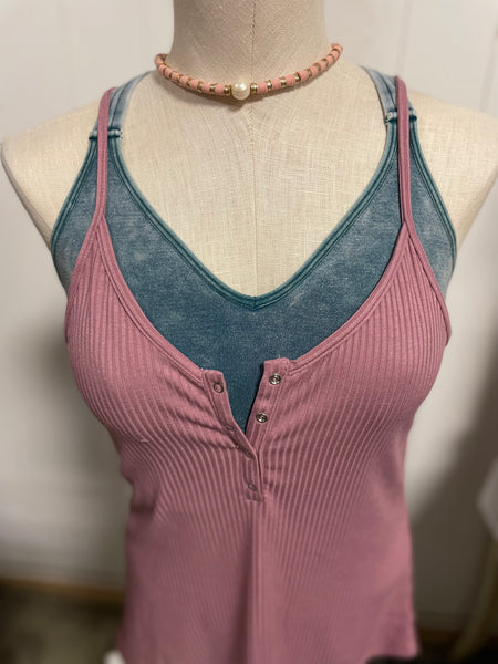 Lt Rose. Ribbed Half Snap Cami