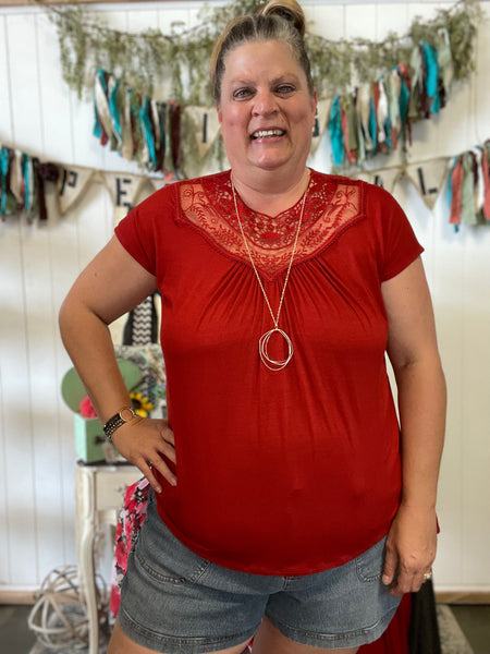 Red Lace Trim Accented Short Sleeve