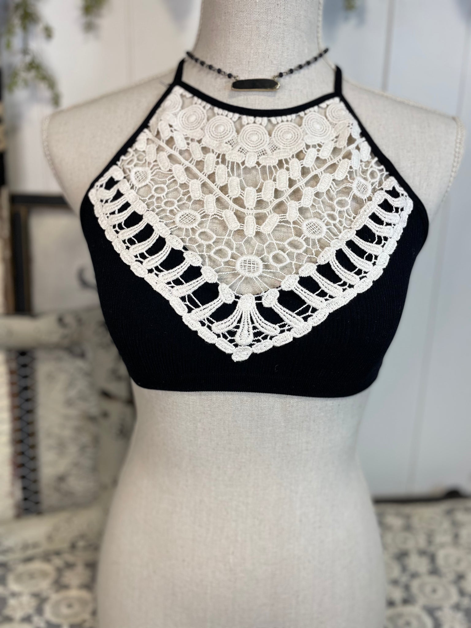 Black Crochet Lace High Neck Bralette