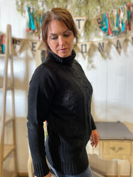 Black Braided Front Turtleneck Sweater