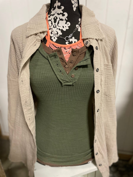 Sand Beige Oversized Raw Edge Shirt